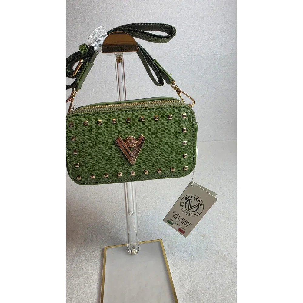 Valentino Orlandi Forest Green Studded Crossbody Camera Bag V-3003 NWT